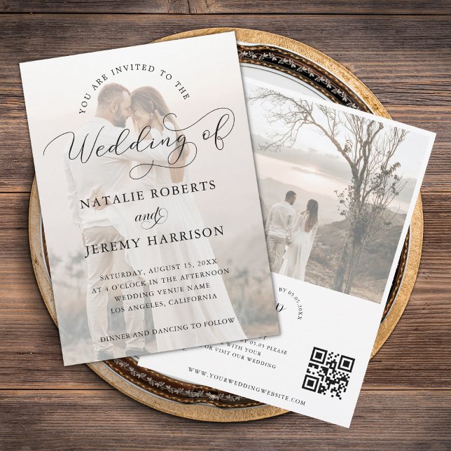 Modern 2 Faded Photo Script QR Code Casual Wedding Invitation (Creator Uploaded)