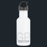 Modern 2 Initials   Name Small Grey and White 532 Ml Water Bottle<br><div class="desc">Small white metal water bottle with a simple and understated grey personalised printing with a gender-neutral name and monogram with 2 initial letters that you can edit to any fonts or colours to design a your own water bottle that's perfect for office,  sports,  school and home use.</div>