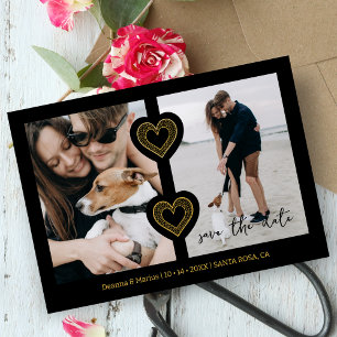 Modern 2 Multi Photos & 2 Lace Hearts Black & Gold Save The Date