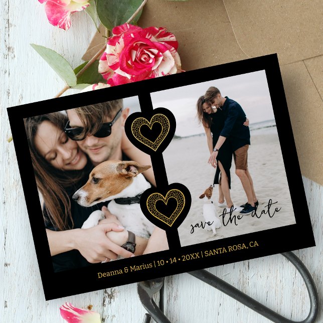 Modern 2 Multi Photos & 2 Lace Hearts Black & Gold Save The Date (Modern 2 Multi Photos & 2 Fake Lace Hearts in Black & Faux Golden Wedding Save the Date Card.)
