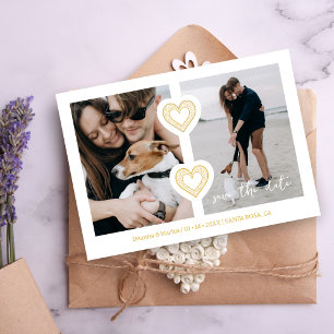 Modern 2 Multi Photos & 2 Lace Hearts White & Gold Save The Date
