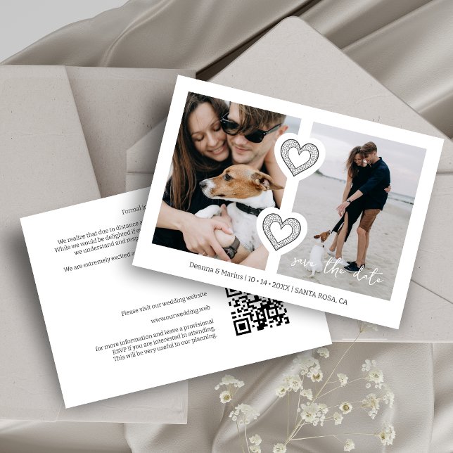 Modern 2 Multi Photos & 2 Lace Hearts White & Grey Save The Date (Modern 2 Multi Photos & 2 Fake Lace Hearts in White & Dark Grey Wedding Save the Date Card.)