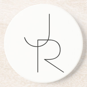Modern 2 Overlapping Initials   Black on White Coaster