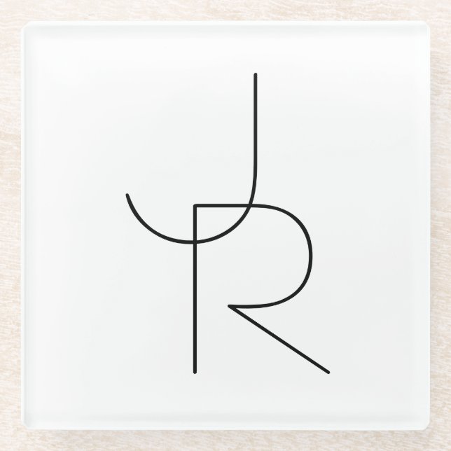 Modern 2 Overlapping Initials | Black on White Glass Coaster (Front)