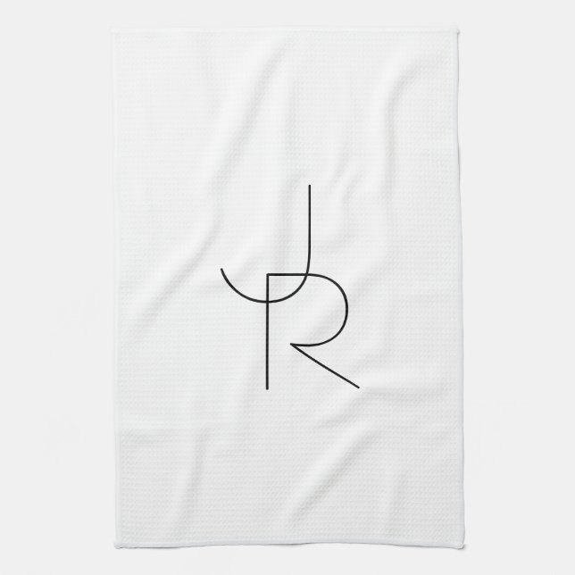 Modern 2 Overlapping Initials | Black on White Tea Towel (Vertical)