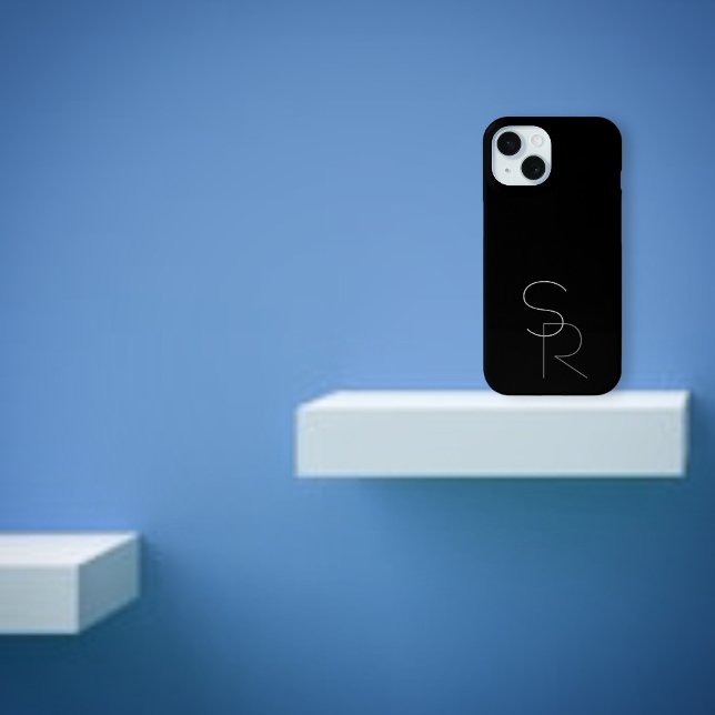 Modern 2 Overlapping Initials | Greys on Black iPhone 15 Case (Creator Uploaded)
