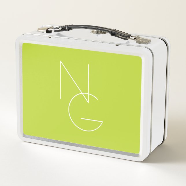 Modern 2 Overlapping Initials | Lime Green Metal Lunch Box (Back)