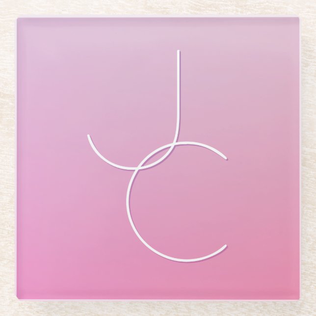 Modern 2 Overlapping Initials | Pink Ombre Glass Coaster (Front)