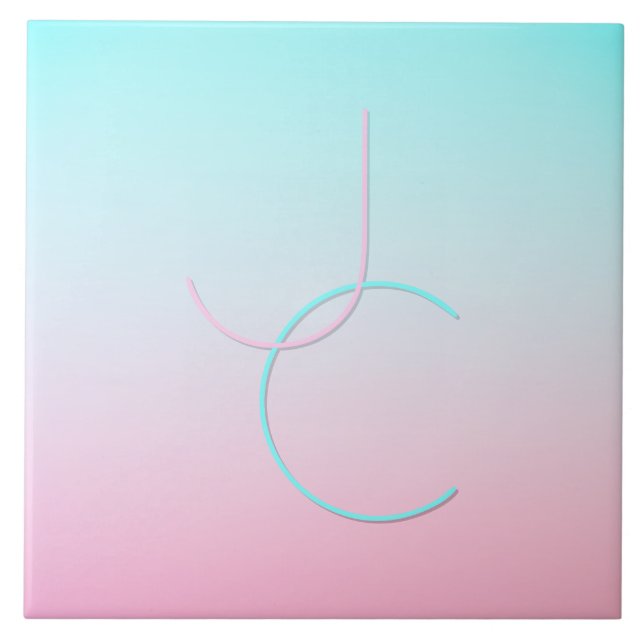 Modern 2 Overlapping Initials | Turquoise Pink Ceramic Tile (Front)