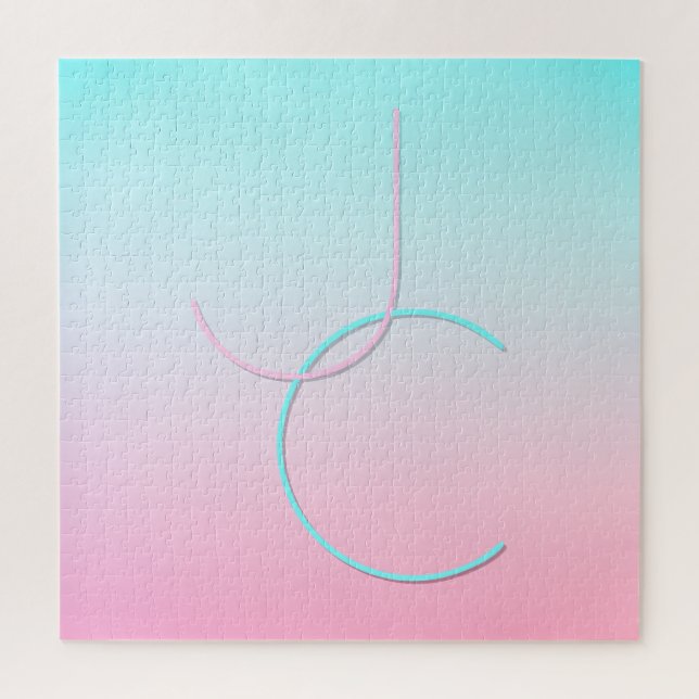 Modern 2 Overlapping Initials | Turquoise Pink Jigsaw Puzzle (Vertical)