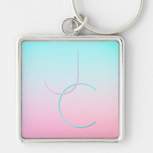 Modern 2 Overlapping Initials   Turquoise Pink Key Ring