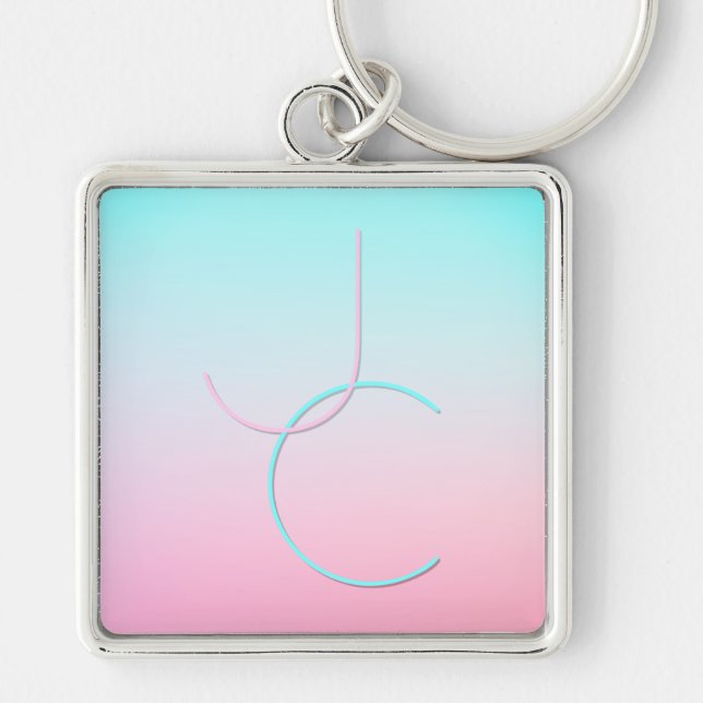 Modern 2 Overlapping Initials | Turquoise Pink Key Ring (Front)