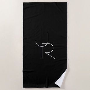 Modern 2 Overlapping Initials   White on Black Beach Towel