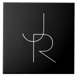 Modern 2 Overlapping Initials White on Black Ceramic Tile