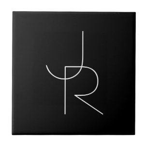 Modern 2 Overlapping Initials   White on Black Ceramic Tile