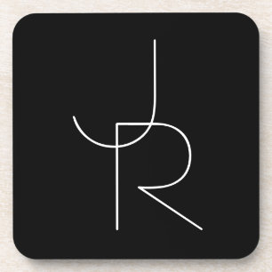 Modern 2 Overlapping Initials White on Black Coaster