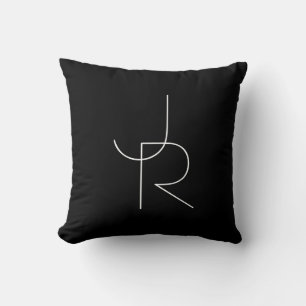 Modern 2 Overlapping Initials   White on Black Cushion