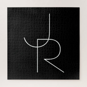 Modern 2 Overlapping Initials White on Black Jigsaw Puzzle