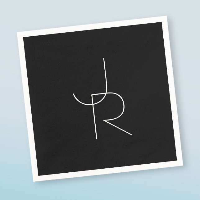 Modern 2 Overlapping Initials | White on Black Napkin (Creator Uploaded)