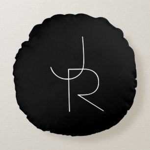 Modern 2 Overlapping Initials   White on Black Round Cushion