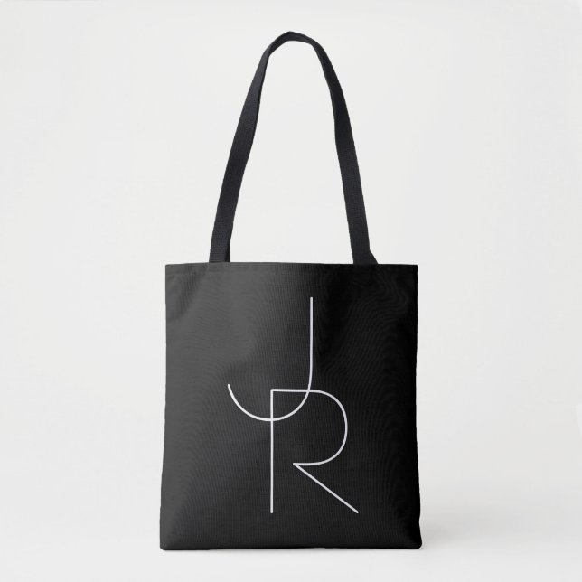 Modern 2 Overlapping Initials | White on Black Tote Bag (Front)