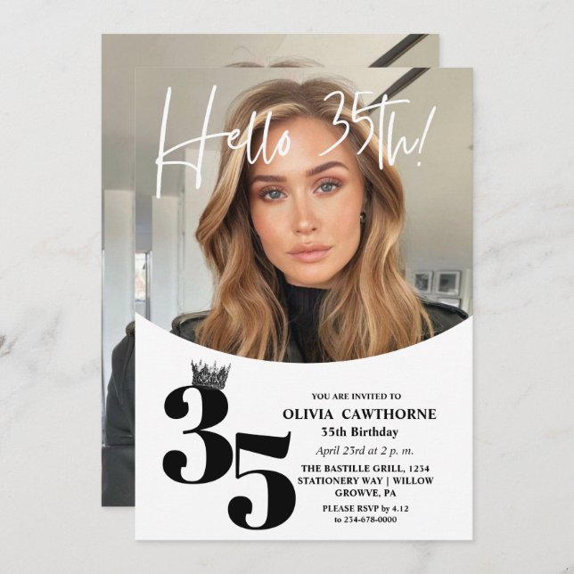 Modern 2 Photo 35th Birthday White Black Invitation (Front/Back)