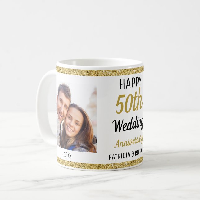 Modern 2 Photo 50th Gold Anniversary Glitter Names Coffee Mug (Front Left)