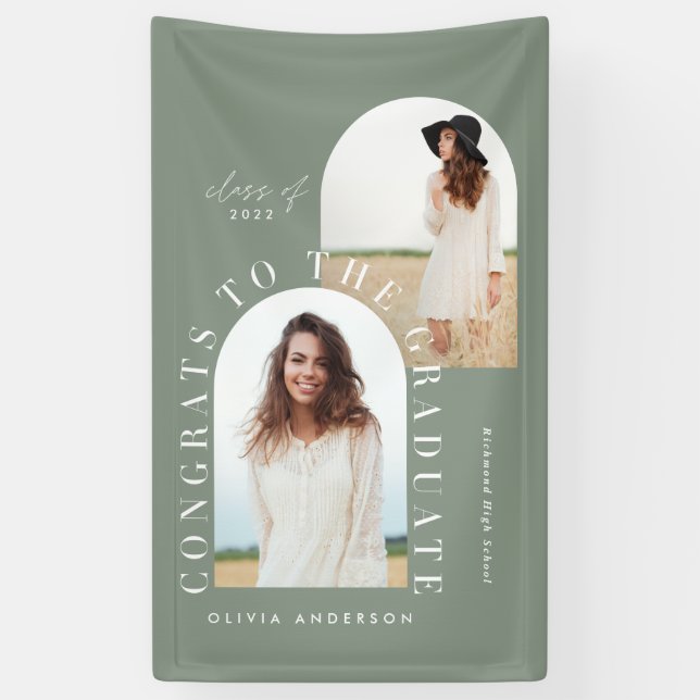 Modern 2 photo arch sage green graduation banner (Vertical)