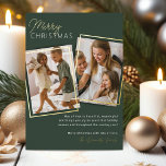 Modern 2 Photo Christmas Foil Holiday Card<br><div class="desc">Stylish christmas card featuring a moss green background,  2 photos for you to replace with your own,  real gold foil borders,  the seasons greetings 'merry christmas',  a personalised message,  and your family name.</div>