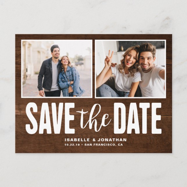 Modern 2 Photo Dark Wood Save the Date Announcement Postcard (Front)