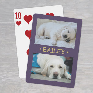 Modern 2 Photo Dog or Any Name Purple and Gold Playing Cards