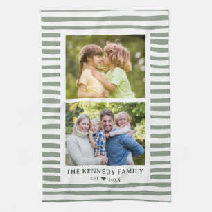 Modern 2 Photo Family Name Sage Green Striped Tea Towel