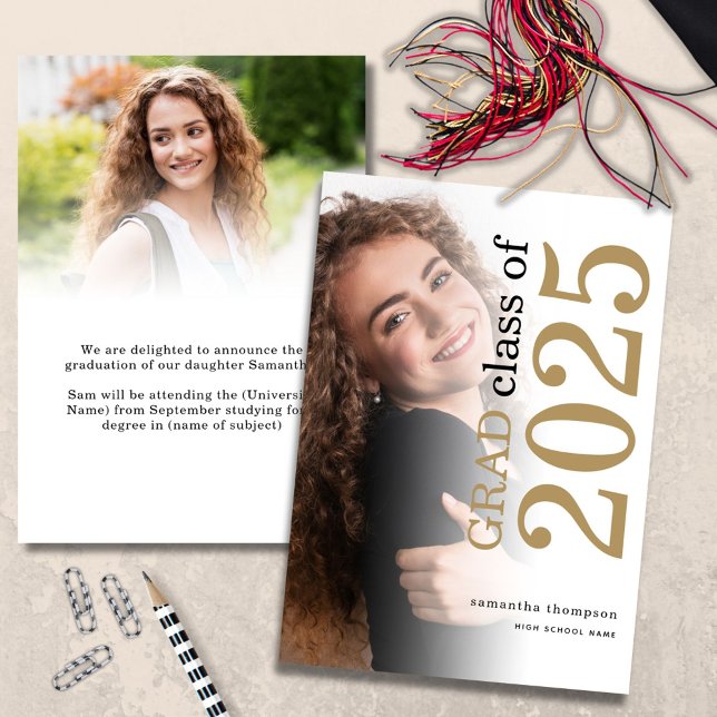 Modern 2 photo Gold Black Text 2023 Graduation Ann Announcement (Front and back view)