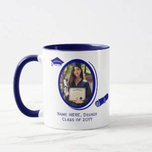 Modern 2-Photo & Graduation Diploma & Cap on Blue Mug