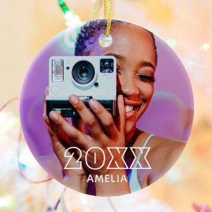Modern 2 Photo Name Retro Christmas Holiday Ceramic Ornament