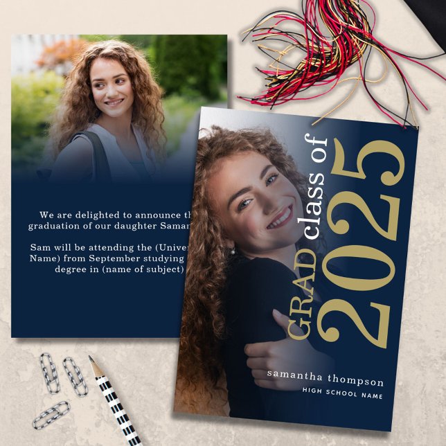Modern 2 photo Navy Gold 2025 Graduation Announcement (front and back view)