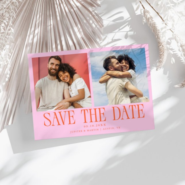 Modern 2-Photo Orange Pink Wedding Save The Date (Creator Uploaded)
