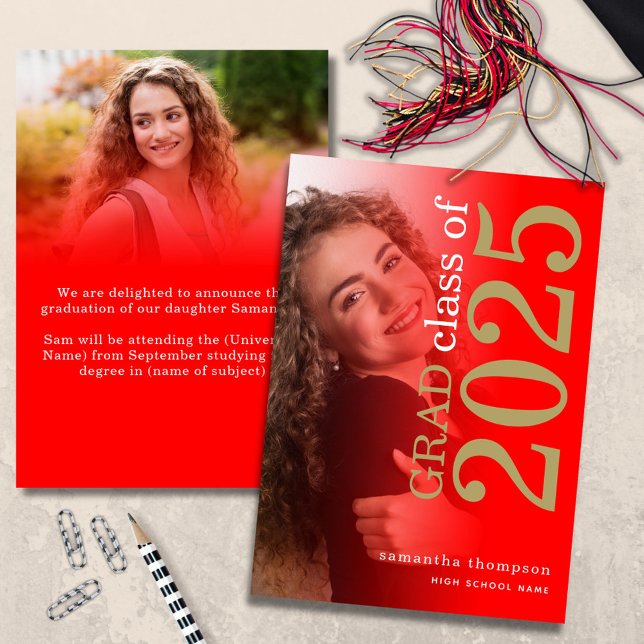 Modern 2 photo Red Gold 2025 Graduation Announcement (front and back view)