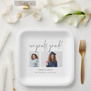 Modern 2 Photo Script Congrats Graduation Party Paper Plate