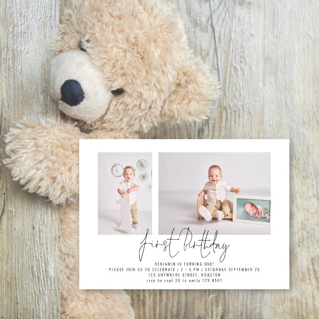 Modern 2 Photo Script First Birthday Party Invitation (Available digitally and printed)