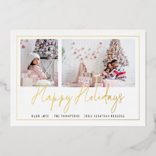 Modern 2 Photo Script Happy Holidays Christmas Foil Holiday Card