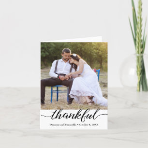 Modern 2 photo script thankful Wedding Thank You Card