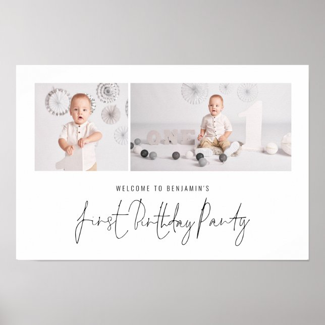 Modern 2 Photo Script Welcome First Birthday Party Poster (Front)