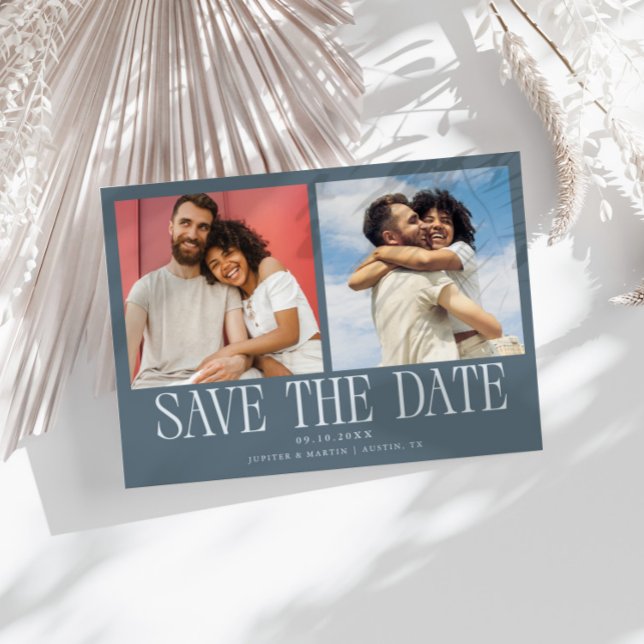 Modern 2-Photo Slate Blue Wedding Save The Date (Creator Uploaded)