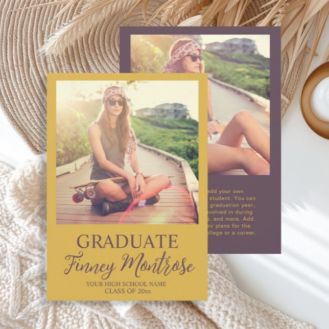 Modern 2 Photo Yellow Brown Grad Announcement (Mustard yellow and chocolate brown 2-photo graduation announcement)