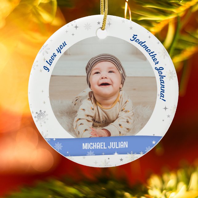 Modern 2 Photos Baby Boy 1st Christmas Godmother Ceramic Ornament (Modern, Cute, Elegant I love you, Godmother! First Christmas Newborn Baby Boy. 2 Photos. Snowflakes)