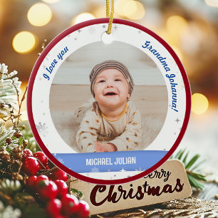 Modern 2 Photos Baby Boy First Christmas Grandma Ceramic Ornament