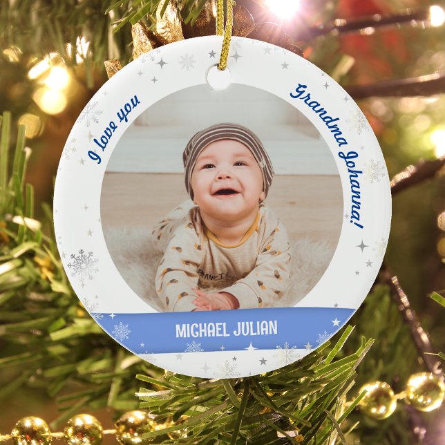 Modern 2 Photos Baby Boy First Christmas Grandma Ceramic Ornament (Modern, Cute, Elegant I love you, Grandma! First Christmas Newborn Baby Boy. 2 Photos. Snowflakes)