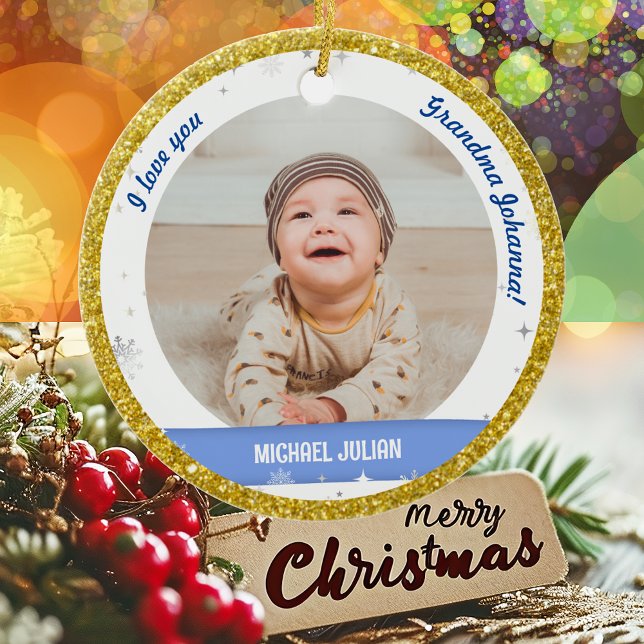 Modern 2 Photos Baby Boy First Christmas Grandma Ceramic Ornament (Modern Elegant Cute I love you, Grandma! First Christmas Baby Boy 2 Photos Snow Golden Faux Glitter)