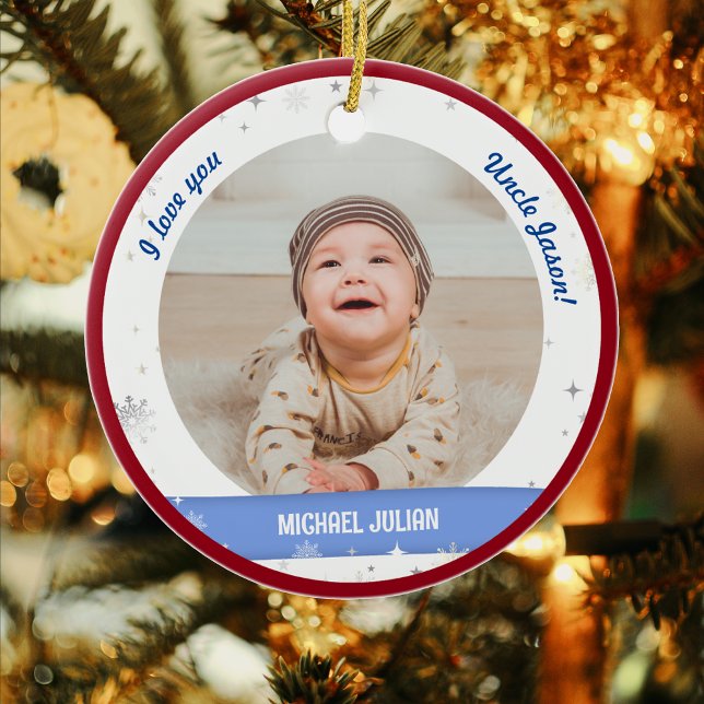 Modern 2 Photos Baby Boy First Christmas Uncle Ceramic Ornament (Cute Modern Elegant Personalized First Christmas Baby I love you Uncle Baby Boy 2 Photos Snowflakes)